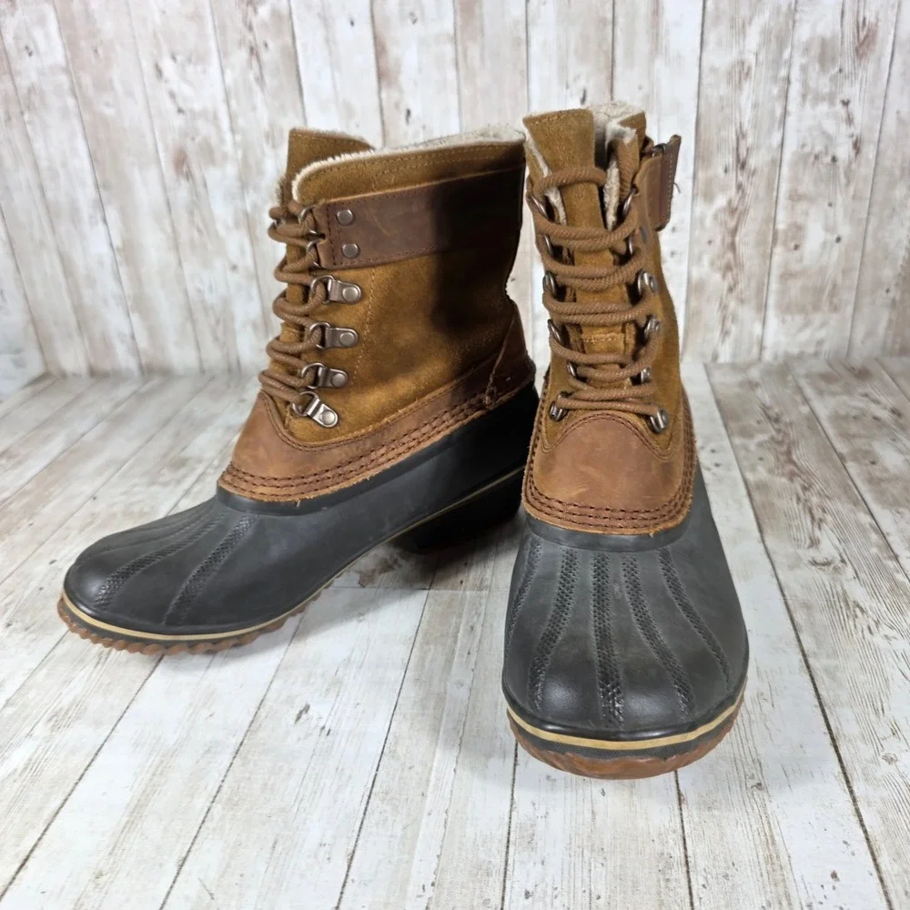 Sorel Women's Waterproof Leather Duck Boots‎ Lace Up Buckle Tan Brown Size 8